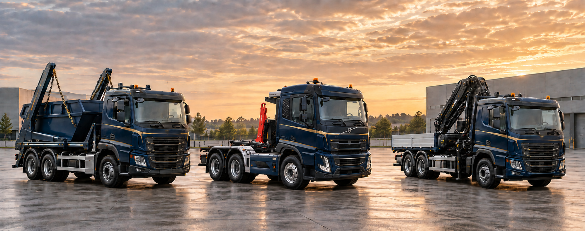 Camion multi-chaînes, camion ampliroll bleu et camion-grue dans un décor industriel au coucher du soleil